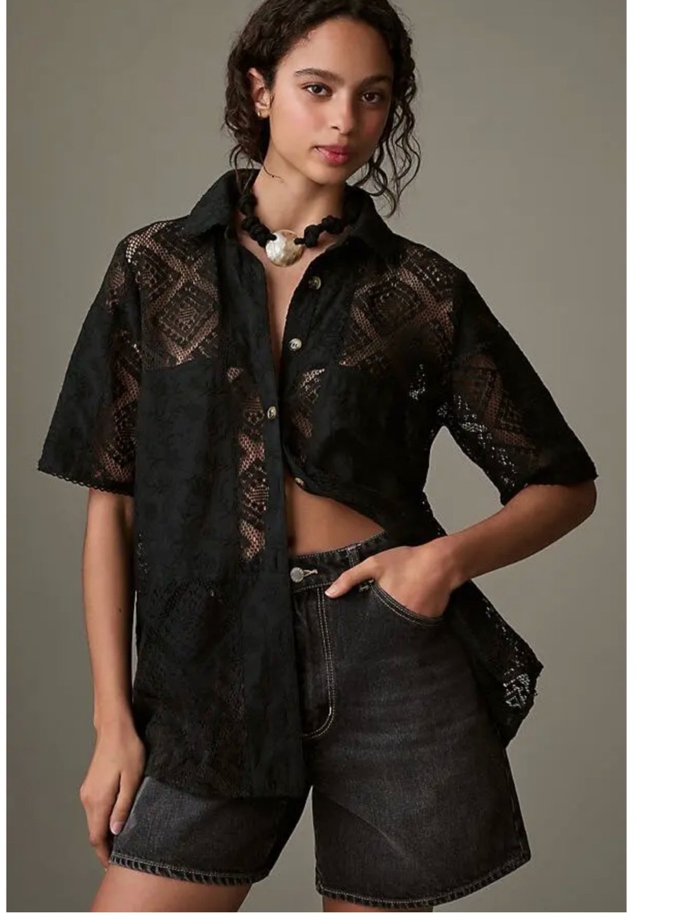 FARM Rio Black Sheer Lace Short-Sleeve Button-Down Surf Shirt Size Medium